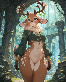 anthro bottomless clothed clothing female forest genitals horn jewelry plant pussy ruins solo standing topwear tree waterfall denis0k cervid mammal hi_res