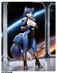 anthro blue_body blue_fur blue_hair bodysuit boots breasts clothing exposed_breasts female fluffy fluffy_tail footwear fur green_eyes hair nipples one_eye_closed shoulder_armor skinsuit snout solo space tight_clothing tongue tongue_out wink mr.kitsune nintendo star_fox krystal_(star_fox) canid mammal hi_res