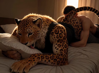 anal anthro bed bedroom bottomwear bottomwear_down claws clothed clothing detailed_fur duo ear_piercing eyes_closed fluffy fur furniture human_on_anthro inside interspecies licking light light_beam lying lying_on_bed male male/male morning muscular muscular_anthro muscular_male on_bed on_front oral orange_body orange_fur pants pants_down partially_clothed piercing pillow realistic realistic_fur realistic_lighting rimming sex shirt sleeping sunbeam sunlight tail tank_top tongue tongue_out topwear delken silverlynx felid human jaguar mammal pantherine animated detailed webm