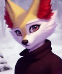 absurd_res ambiguous_gender anthro braixen canid canine clothing detailed detailed_background facial_tuft fur generation_6_pokemon hi_res kadoodlebob looking_at_viewer mammal multicolored_body multicolored_fur outside pokemon_(species) red_body red_fur shaded smile smirk snow solo sweater topwear tuft white_body white_fur yellow_body yellow_fur