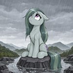 chest_tuft cloud cloudy female feral frown fur grey_body grey_fur grey_hair hair long_hair looking_up mountains outside overcast purple_eyes raining rock sitting sitting_on_rock sky solo tuft water wet_hair tyto4tme4l my_little_pony marble_pie earth_pony equid equine horse mammal pony hi_res