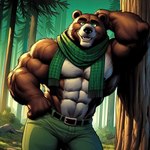 2024 abs anthro arm_support barazoku belt belt_buckle biceps big_abs big_biceps big_deltoids big_forearm_muscles big_muscles big_pecs big_triceps biped black_belt black_eyebrows black_nose black_pupils bottomwear broad_shoulders brown_body brown_ears brown_fur clothed clothed_anthro clothed_male clothing countershade_face countershade_fur countershade_torso countershading dall-e_3 dark_eyebrows dark_nipples day deltoids detailed_background eyebrows forearm_muscles forest forest_background front_view fur green_bottomwear green_clothing green_eyes green_pants green_scarf hand_behind_head hand_on_hip huge_biceps huge_deltoids huge_forearm_muscles huge_muscles huge_triceps humanoid_hands leaning leaning_on_elbow leaning_on_tree leaning_sideways light looking_at_viewer male manly mature_anthro mature_male multicolored_body multicolored_fur muscular muscular_anthro muscular_arms muscular_male nature nature_background nipples obliques open_mouth open_smile outside pants pattern_clothing pattern_scarf pecs pink_tongue plaid plaid_clothing plaid_scarf plant pose pupils raised_arm redwood_tree round_ears scarf shadow shirtless shirtless_anthro shirtless_male shrub smile smiling_at_viewer snout solo teeth thick_eyebrows thick_neck tongue tree tree_trunk triceps two_tone_body two_tone_fur white_body white_countershading white_fur zenithwolf brown_bear grizzly_bear mammal ursid ursine 1:1 digital_drawing_(artwork) digital_media_(artwork) hatching_(art) hi_res lighting portrait shaded three-quarter_portrait