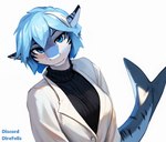 2023 anthro blue_body blue_eyes blue_hair breasts clothed clothing coat ear_markings facial_markings female hair head_markings looking_at_viewer markings prick_ears shark_tail short_hair snout snout_markings solo sweater tail_markings topwear white_body direfelis_(director) fish marine shark watermark