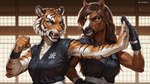 angry anthro duo fangs female female/female fight fighting_pose fur hair long_hair martial_arts martial_arts_uniform pose sportswear striped_body striped_fur stripes teeth training ivorymane equid equine felid horse mammal pantherine tiger hi_res watermark