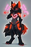 anthro black_body black_fur black_nose blue_eyes claws fur glowing hi_res icefoxai male markings red_body red_fur simple_background solo