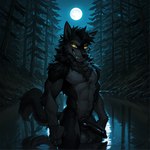 anatomically_correct animal_genitalia anthro balls black_body black_fur canine_genitalia erection fangs forest fur genitals lake light looking_at_viewer male moon moonlight muscular night plant reflection sheath smile smirk solo solo_focus tree yellow_eyes director_dragonk8 canid canine canis mammal werecanid werecanine werecreature werewolf wolf hi_res