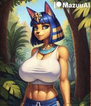 anthro big_breasts blue_eyes bodily_fluids breasts clothed clothing female forest fur plant pyramid solo sweat tree yellow_body yellow_fur mazuuai ankha_(animal_crossing) domestic_cat felid feline felis mammal hi_res watermark