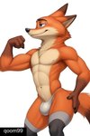 anthro clothing footwear fur grey_clothing grey_underwear male muscular orange_body orange_fur simple_background socks solo underwear white_background zootopia qoom99 nick_wilde canid canine fox mammal signature watermark