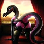 all_fours anthro anus bedroom_eyes clothing eevee_k female generation_7_pokemon lingerie lizard looking_at_viewer looking_back looking_back_at_viewer narrowed_eyes pokemon_(species) presenting presenting_anus reptile salazzle scalie seductive solo