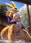 anthro breasts cattorihanzo digimon digimon_(species) female fur genitals hi_res mammal medium_breasts nude outdoors outside pussy renamon solo yellow_body yellow_fur