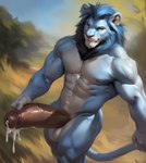 abs anthro areola balls big_balls big_penis blue_body blue_fur bodily_fluids brown_eyes cum felid fur genital_fluids genitals hi_res lion looking_at_viewer male mammal mane muscular muscular_anthro muscular_male navel nipples pantherine penis riseflux savanna smile smirk smirking_at_viewer solo