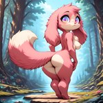 anthro butt creek cute_expression cute_eyes female flower fur hair iridescent_eyes long_ears long_tail nipples outside pink_body pink_hair plant short_stack solo tree water suspicious_cat domestic_cat felid feline felis lagomorph leporid mammal rabbit hi_res