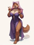 anthro big_breasts breasts cleavage clothed clothing collar corset corset_dress dress female gesture legband lingerie looking_at_viewer maid_headdress maid_uniform muscular muscular_female open_mouth smile solo standing topwear uniform v_sign wristband anonymous_director maid_marian canid canine fox mammal hi_res