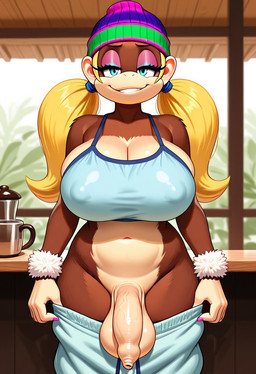 anthro balls big_balls big_breasts big_penis blonde_hair blue_eyes bottomwear bottomwear_down bottomwear_pull breasts brown_body brown_fur clothed clothing clothing_pull flaccid foreskin foreskin_overhang fur genitals gynomorph hair half-closed_eyes hat headgear headwear huge_breasts humanoid_genitalia humanoid_penis inside intersex long_foreskin looking_at_viewer narrowed_eyes nipple_outline nipples pants pants_down pants_pull partially_clothed penis ponytail presenting saggy_balls seductive smile solo standing topwear unretracted_foreskin vein veiny_penis boxen549 donkey_kong_(series) nintendo tiny_kong ape gorilla haplorhine mammal primate hi_res
