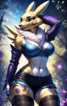 anthro belly blue_eyes bottomwear breasts clothing digimon_(species) director_elkkue female fur hi_res mammal neck_tuft renamon shorts smile solo tuft white_belly yellow_body yellow_fur