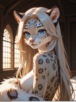 anthro blue_eyes breasts female hair long_hair looking_at_viewer medium_breasts nude side_boob smile smiling_at_viewer solo solo_focus white_hair magacitl felid mammal pantherine snow_leopard hi_res