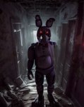 abandoned_building ambiguous_gender animatronic anthro bowtie detailed_background dust five_nights_at_freddy's glowing glowing_eyes horror_(theme) lagomorph leporid looking_at_viewer machine mammal missing_limb orionbonnie purple_body rabbit realistic robot scottgames solo standing withered_bonnie_(fnaf)