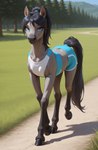 athletic_clothing black_hair black_muzzle blue_eyes bottomwear clothed clothed_feral clothing eyelashes female feral fur grass grey_body grey_fur gym_bottomwear gym_clothing gym_shorts hair hooves leg_markings looking_at_viewer markings outside path plant ponytail shirt shorts slight_smile socks_(marking) solo tank_top topwear tree walking degenstoic equid equine horse mammal pony hi_res