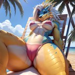 1:1 anthro beach beach_towel bikini black_nose blue_body blue_eyes blue_scales blush breasts camel_toe capcom close-up clothing colored countershading curvy_figure fanged_wyvern female furniture hair humanoid looking_at_viewer looking_down lying monster_hunter narrowed_eyes navel non-mammal_breasts on_back pink_clothing pink_swimwear plant rustingrust scales scalie sea seaside small_waist smile solo swimwear tan_body tan_countershading towel tree water white_hair yellow_body yellow_scales zinogre