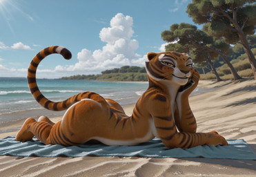anthro arm_support beach bedroom_eyes big_butt blue_sky breasts butt cloud cloudy female looking_at_viewer lying lying_on_towel medium_breasts narrowed_eyes nude nude_female orange_body outdoor_nudity outside plant sand sea seaside seductive sky smile solo tail towel tree water yellow_eyes master_tigress felid mammal pantherine tiger hi_res