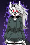 anthro choker clothing female fire fishnet fishnet_legwear frosting.ai hair happy hoodie jewelry legwear long_hair necklace topwear yandere renz helluva_boss loona_(helluva_boss) canid canid_demon demon hellhound mammal hi_res