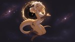 anthro bent_legs black_hole blonde_hair breasts brown_eyes claws cosmic_background ear_piercing ear_ring fangs featureless_breasts female floating front_view hair halo horn long_tail milky_way multicolored_hair navel nude piercing ring_piercing smile solo star two_tone_hair yellow_body myrlonel kobold absurd_res hi_res
