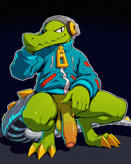 anthro balls barefoot beanie blue_clothing bottomless claws clothed clothing cybernetic_limb cybernetic_tail feet foreskin genitals hat headgear headphones headwear hoodie male penis snout solo toe_claws topwear zipper styx343 lethal_league latch crocodilian reptile scalie hi_res