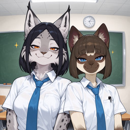 anthro black_hair blue_eyes bob_cut breasts brown_hair brown_nose chalkboard classroom clock clothing duo female fur hair inkpen inner_ear_fluff looking_at_viewer male neck_tuft necktie orange_eyes prick_ears school school_desk school_uniform smile spots spotted_body spotted_fur tuft uniform anonymous_director invoke_high felid feline mammal hi_res
