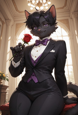 5_fingers anthro black_body black_bottomwear black_claws black_clothing black_fur black_pants black_pawpads black_tie_(suit) bottomwear bowtie cat_tail chair classy claws clothed clothing collared_shirt day detailed_background elegant eye_contact eyewear fangs fingers flower fur furniture gesture glasses glistening glistening_clothing holding_flower holding_object inside leaning looking_at_another looking_at_viewer looking_down male pants pawpads paws plant plant_pot purple_bowtie purple_eyes rose_(flower) sitting smile smiling_at_viewer solo suit tile tile_wall tuft wall_(structure) wall_decorations white_whiskers wide_hips window window_light stypek sebas_(stypek) domestic_cat felid feline felis mammal hi_res