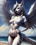 anthro auykac beach bikini black_stripes blue_eyes clothing collar feathered_wings feathers female fur hair hands_on_hips hi_res seaside solo stripes swimwear white_body white_fur white_hair wings