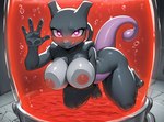 <3 <3_eyes against_surface anthro black_body black_fur blush breasts breasts_on_glass female feral fur licking licking_lips looking_at_viewer on_glass solo stasis_chamber tongue tongue_out wide_hips nintendo pokemon generation_1_pokemon humanoid legendary_pokemon mewtwo pokemon_(species) shadow_mewtwo shadow_pokémon