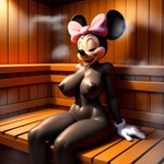 anthro big_breasts big_ears black_body black_breasts black_nipples breasts clothing disney eyes_closed female gloves hairbow handwear nipples nude pink_bow sauna sitting solo steam white_clothing white_gloves white_handwear minnie_mouse mammal mouse murid murine rodent