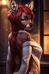 absurd_res anthro blue_eyes breasts brown_body brown_fur cervid clothing female fur gilkardex hair hi_res looking_at_viewer looking_back looking_back_at_viewer mammal red_hair seductive smile solo sweater topwear tuft