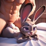 abs anal anal_penetration anthro back_muscles bed bed_sheet bedding duo ears_up female furniture grabbing_sheets inside larger_male lying male male/female muscular muscular_male nude_female nude_male on_bed on_front penetration size_difference smaller_female smile zootopia jjjaunts_(director) judy_hopps human lagomorph leporid mammal rabbit