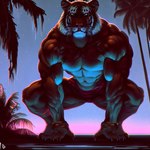 anthro bracelet clothed clothing crouching felid jewelry looking_at_viewer male mammal mostly_nude muscular muscular_male night palm_tree pantherine pawrn plant solo tiger topless tree underwear