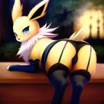 blush butt camel_toe clothed clothing eevee_k eeveelution female feral generation_1_pokemon jolteon lingerie looking_at_viewer looking_back looking_back_at_viewer mammal pokemon_(species) presenting presenting_hindquarters seductive skimpy smile solo underwear