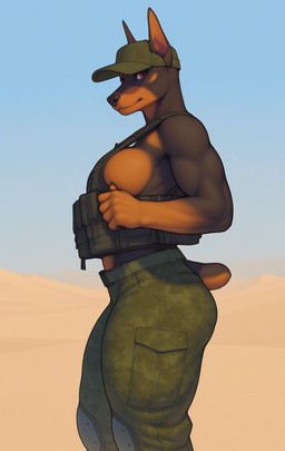 anthro baseball_cap black_body black_fur black_nose bottomwear breasts brown_body brown_fur camo camo_bottomwear camo_clothing camo_print clothing day desert female fur green_clothing hat headgear headwear military_uniform outside pattern_bottomwear pattern_clothing pink_eyes purple_eyes sand sand_dune short_tail side_boob side_view solo uniform whisker_spots zaddha canid canine canis dobermann domestic_dog mammal pinscher absurd_res hi_res