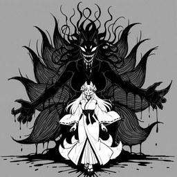 accessory anthro asian_clothing blood bodily_fluids claws clothing crazy_eyes east_asian_clothing female flower flower_in_hair glowing glowing_eyes hair hair_accessory horror_(theme) japanese_clothing large_breasts miko_outfit multi_tail plant sharp_teeth shrine_maiden solo teeth erta_wanderer xinghong_de_xue_chenjile canid canine fox mammal spirit hi_res monochrome sketch
