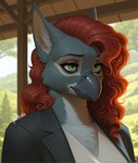 anthro beak black_clothing clothed clothing director_name eyebrows eyelashes feathers female fluffy_ears formal_clothing fully_clothed green_eyes grey_body grey_feathers hair outside plant red_hair solo tree gilkardex avian gryphon mythological_avian hi_res signature