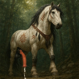 animal_genitalia animal_penis balls bodily_fluids cum cum_drip dripping equine_genitalia equine_penis feral forest fur genital_fluids genitals male markings penis plant solo tattoo tree tribal tribal_markings tribal_tattoo white_body woods eclipsetheorca equid equine horse mammal absurd_res hi_res stable_diffusion