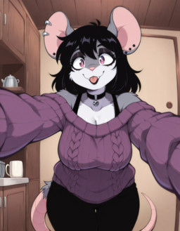 anthro black_eyeshadow black_hair choker clothing ear_piercing eyeshadow female hair jewelry lipstick looking_at_viewer makeup necklace piercing rat_ears rat_tail solo sweater topwear upper_body mammal murid murine rat rodent hi_res