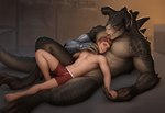 abs anthro broken_horn bulge claws clothed clothing cybernetic_arm cybernetic_limb cybernetics duo eye_scar face_lick facial_scar hair hand_holding horn human_on_anthro interspecies larger_anthro larger_male licking lying lying_on_another machine male male/male mostly_nude muscular muscular_anthro muscular_male navel nipples pecs prosthetic prosthetic_arm prosthetic_limb romantic romantic_couple scar size_difference smaller_human smaller_male tail text tongue tongue_out underwear underwear_only sergalbutt fallout cyborg deathclaw human mammal reptile scalie signature url