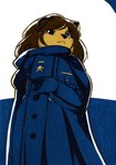 abstract_background anthro brown_body brown_fur brown_hair cape clothing coat female fur hair military_uniform moon solo topwear uniform technical_monkey erma_felna_(albedo_erma_felna_edf) domestic_cat felid feline felis mammal