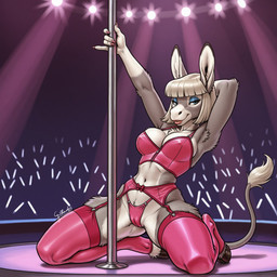 anthro bangs blue_eyes bra camel_toe clothing eyeshadow female hair inner_ear_fluff inside legwear lipstick long_tail makeup panties pink_clothing pole solo stockings strip_club stripper stripper_pole tail_tuft tuft underwear white_hair gilkardex asinus donkey equid equine mammal absurd_res director_name hi_res signature