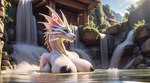 anthro bath bathing big_breasts black_nipples blue_eyes breasts colored detailed female leviathan_(mh) mizutsune monster_hunter nipples non-mammal_breasts non-mammal_nipples partially_submerged scalie solo temple waterfall