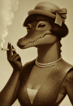 5_fingers anthro bob_cut bow_ribbon breasts cigarette cleavage clothed clothing clothing_bow dress eyelashes eyeliner female fingers gem hat headgear headwear holding_cigarette holding_object jewelry looking_at_viewer makeup nails necklace pearl_(gem) pearl_necklace scales sharp_teeth smoke smoking solo teeth sawmill crocodile crocodilian crocodylid reptile scalie hi_res monochrome portrait sepia signature
