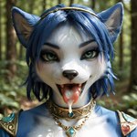 anthro armor blurred_background bodily_fluids cum cum_on_tongue female forest forest_background front_view fur genital_fluids green_eyes horny jewelry looking_at_viewer nature nature_background necklace plant smile solo starfox tongue tongue_out tree ilovekrystal krystal canid canine fox mammal absurd_res hi_res