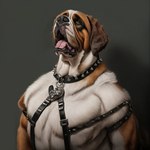 absurd_res anthro belt canid canine canis collar domestic_dog harness hi_res looking_up male mammal molosser mountain_dog overweight overweight_male portrait saint_bernard simple_background solo spiked_collar spikes splice tongue tongue_out wrinkles