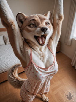 anthro breasts clothing female fur open_mouth realistic realistic_fur solo teeth tongue whiskers yawn morysso mammal mustelid absurd_res hi_res