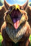 beak bodily_fluids brown_body brown_fur dripping feral fur grass_field male mouth_shot open_beak open_mouth oral_vore saliva saliva_drip saliva_string solo vore wings yellow_beak yellow_eyes l649000 avian gryphon mythological_avian hi_res